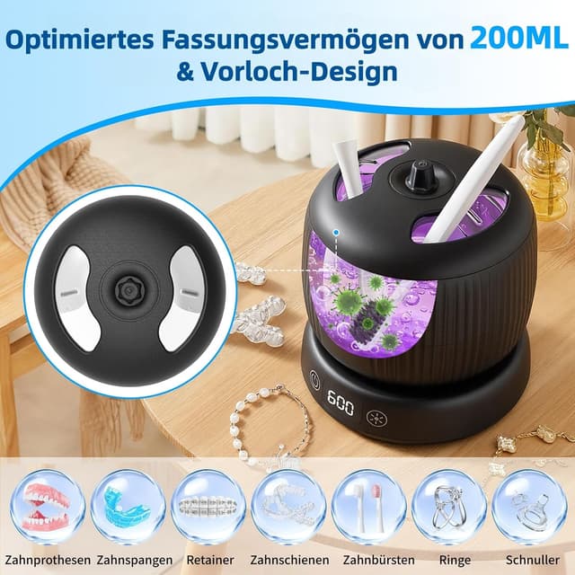 Detalle 2 de Morole Ultraschallreinigungsgerät (45.000 Hz) 200 ml mit UV-Lampe – für Zahnschienen, Retainer, Aligner, Prothesen, Zahnbürsten & Schmuck