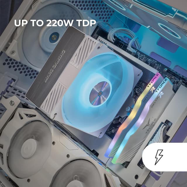 Detalle 2 de Mars Gaming MCPU-X4ARGB dissipatore CPU ARGB con ventola PWM 120 mm e 4 heatpipe fino a 220W TDP (bianco)