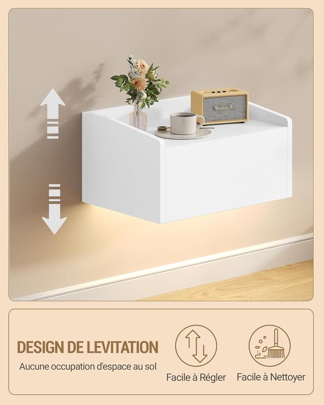 Detalle de Hzuaneri NS52203XEU – Lot de 2 tables de chevet suspendues avec LED, 1 tiroir, 30 x 40 x 22,5 cm (blanc)