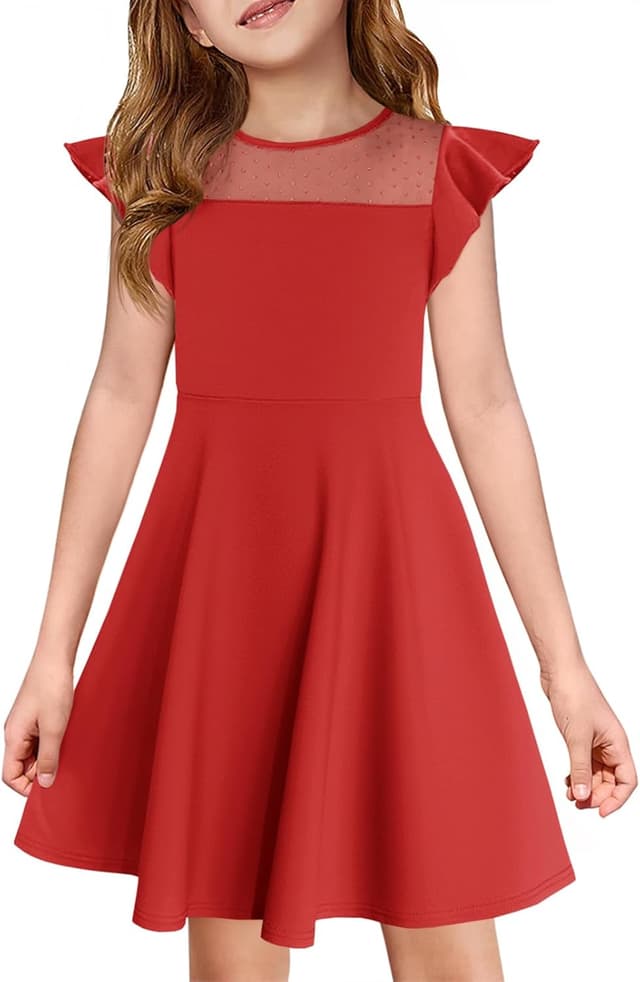 Detalle de Haloumoning Girls Summer Dress with Ruffle Sleeves, Mesh Detail, and Pockets (A-Line, Ages 4–14)