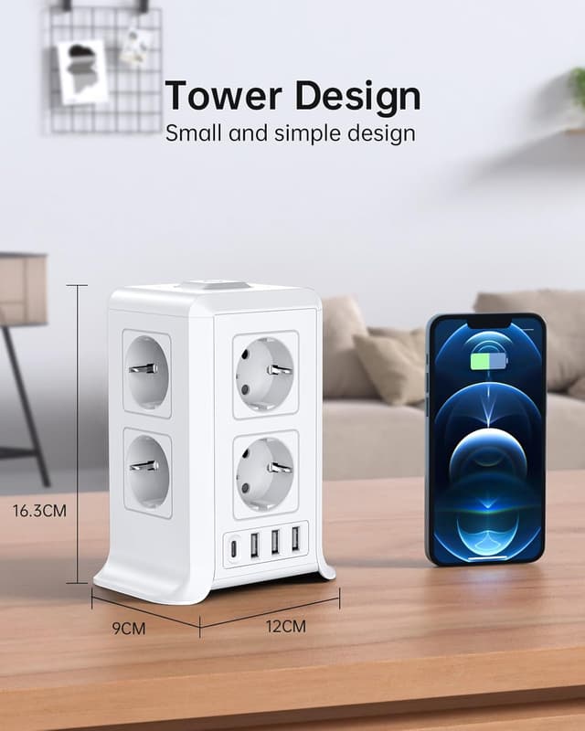 Detalle de Mehrfachsteckdose mit 4 USB & 8-fach Steckdosenleiste (USB-A + USB-C) inkl. Schalter und Überspannungsschutz