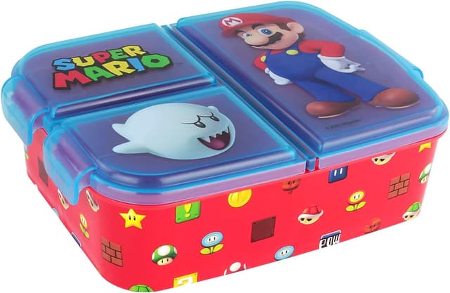Detalle de p:os Super Mario Brotdose für Kinder mit 3 Fächern, Clip-Verschlüssen und bpa-freiem Kunststoff