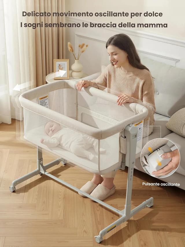 Detalle 2 de SANEWE Culla Next To Me 3-in-1 oscillante con ruote e 6 posizioni altezza