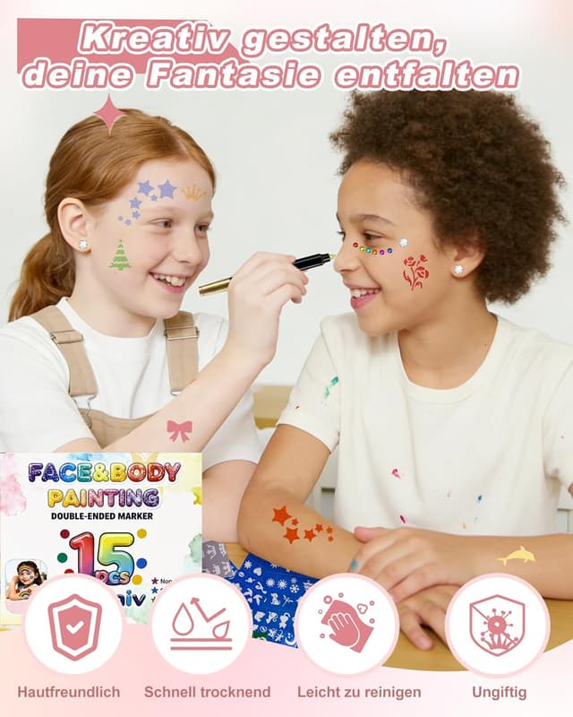 Detalle de Oiovnivn Tattoo Stifte Kinder – Glitzer-Set Dual-End mit 15 Markern, 78 Schablonen und 2 Gesichtsstickern