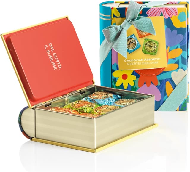 Detalle de Venchi Mini Livre en métal avec 6 chocolats Chocoviar assortis (117 g) – Collection Printemps Teresa Rego