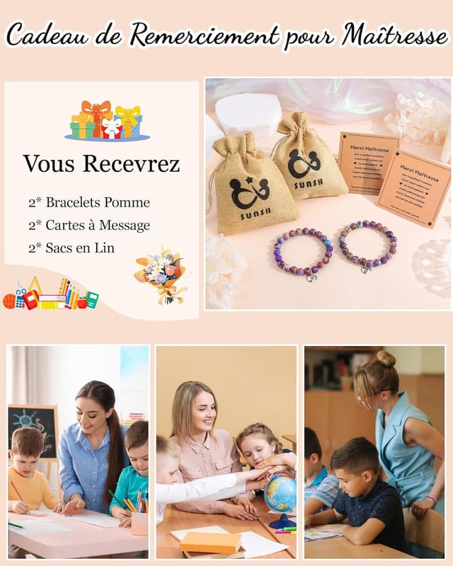 Detalle de SUNSH Cadeau Maîtresse : lot de 2 bracelets en pierre (pomme) avec cartes et pochons