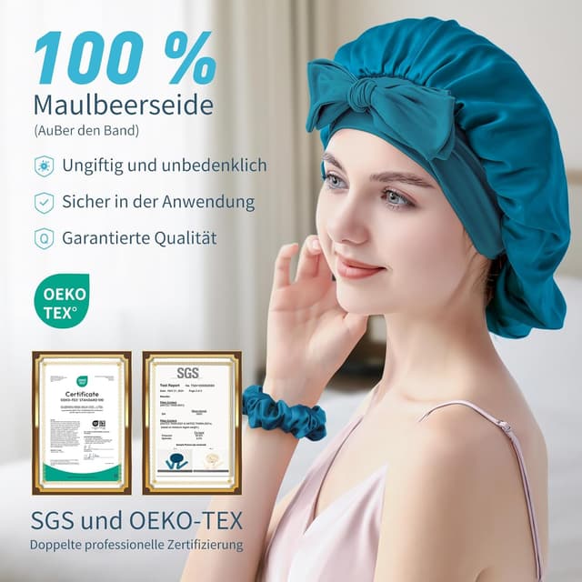 Detalle de Silmana Seidenhaube zum Schlafen aus 100 % Maulbeerseide (22 Momme), doppellagig & beidseitig nutzbar