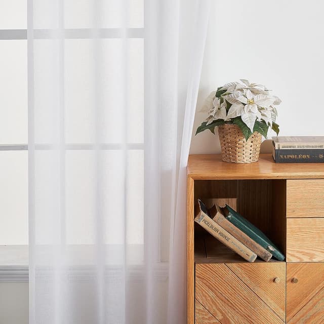 Detalle de EMEMA 4er-Set Sheer-Voile-Gardinen mit Ösen, transparent, 140 x 245 cm (B x H), Polyester – weiß