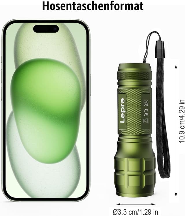 Detalle 2 de Lighting EVER LED Taschenlampe Klein mit Zoom – extrem hell, wasserdicht IPX4, für Kinder & Outdoor (Grün)