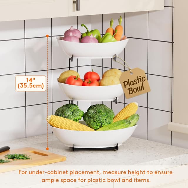 Detalle de Lifewit 3-Tier Plastic Fruit Bowl with Black Metal Stand for Kitchen Counter (PET, stackable trays)