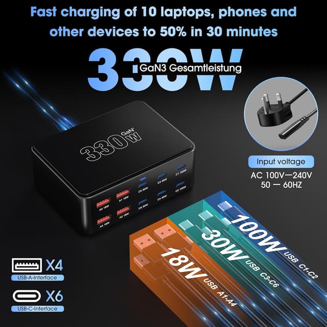 Detalle 2 de 330W 10-Port USB Charging Station PD 100W fast charger 🔌