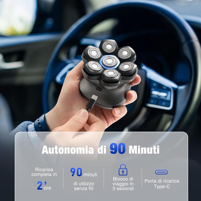 Detalle de kensen Rasoio Testa Calva Uomo Zero Assoluto 2 Velocità 7D Impermeabile IPX6 Cordless con Display LED e USB-C