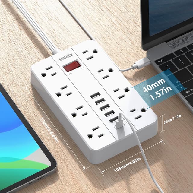 Detalle de SMNICE Power Strip with USB (Surge Protector, 8 Outlets + 6 USB Ports including USB-C), Flat Wall-Mountable Design
