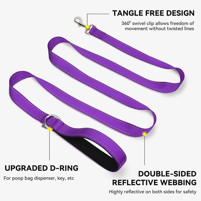Detalle de Joytale Padded Handle Dog Lead (Double-Sided Reflective Nylon) with 360° Clasp, Purple, 1.2m × 2cm