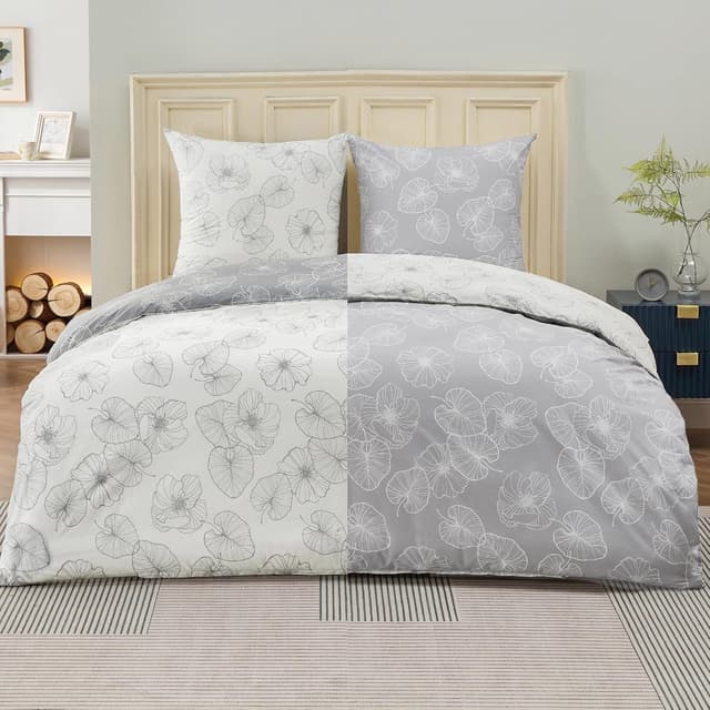 Detalle 2 de BEDSURE Bettwäsche 135x200 4-teilig aus Baumwolle (2 Bettbezüge + 2 Kissenbezüge) – grau, Wendebettwäsche mit Reißverschluss