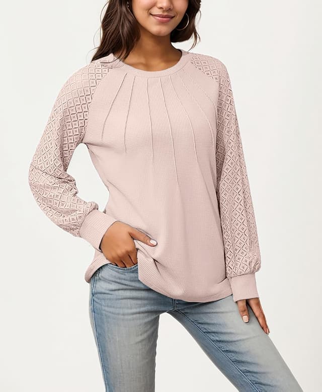 Detalle de Timuspo Spitzen Oberteil Damen aus Waffelstrick – Rundhals Tunika mit langen Ärmeln