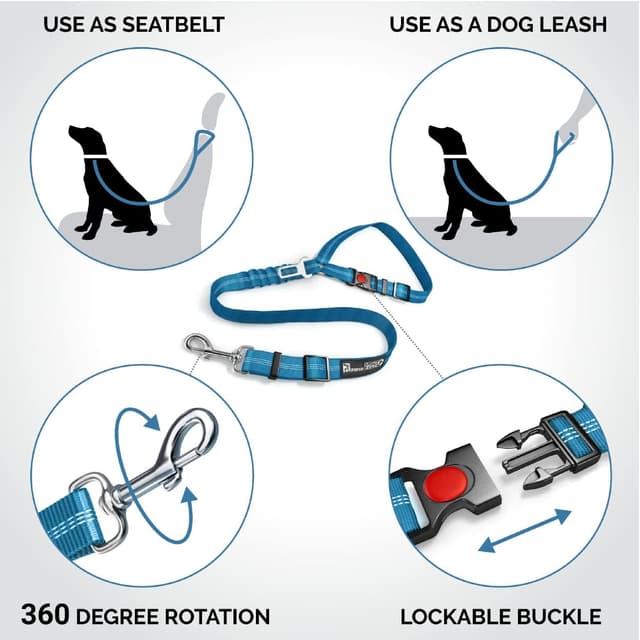 Detalle de Petzana Comfortable Dog Seat Belt Harness (2-in-1 leash & headrest restraint) – Blue