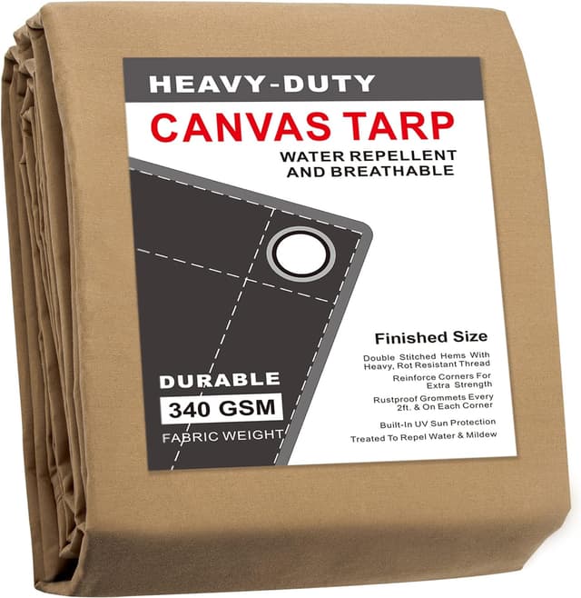 Detalle de CARTMAN Finished Size 20x20 Feet Tan Canvas Tarp with Rustproof Grommets (Heavy-Duty Multipurpose Cover)
