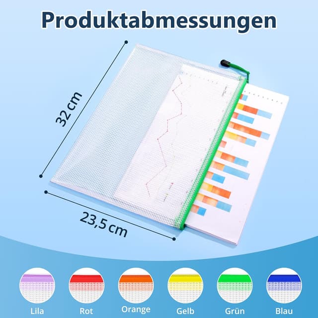 Detalle 2 de SUNEE Dokumententasche A4 als Set (12 Stück) – wasserdichte Mesh-Hüllen mit Reißverschluss in 6 Farben