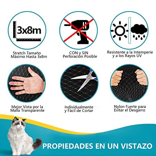 Detalle de NieKilig red para gatos transparente 8x3 m (sin taladro) para terraza, balcones y ventanas