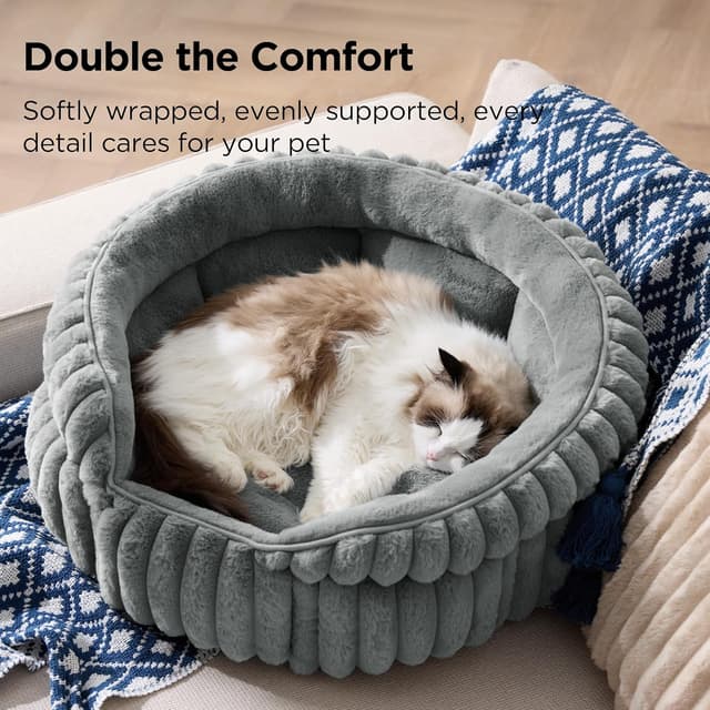 Detalle 2 de Bedsure Cat Bed Washable Kitten Bed, 58x58cm Grey Round Semi-Enclosed Corduroy Fleece