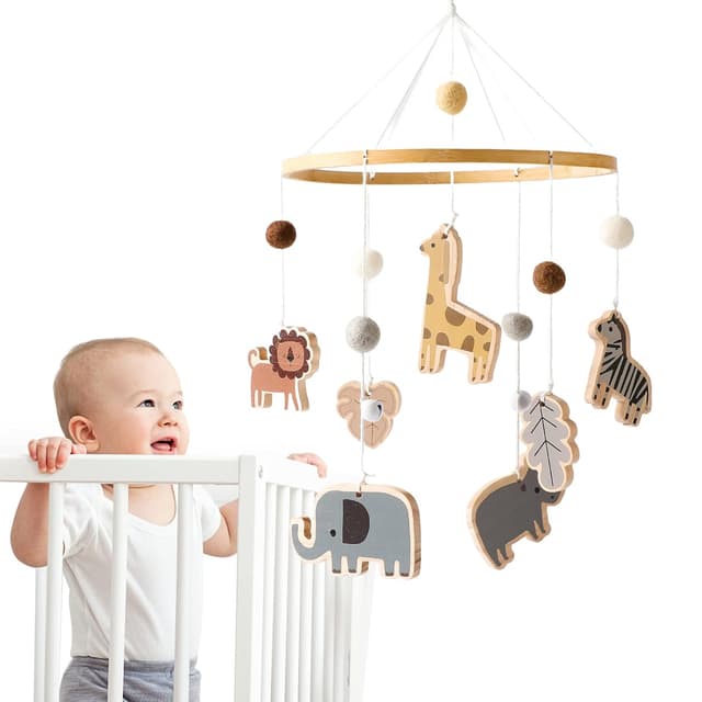 Detalle de Mobile Baby Windspiele mit bunten Safari-Motiven – Bettglocke aus Filz & Naturholz für Kinderzimmer-Deko