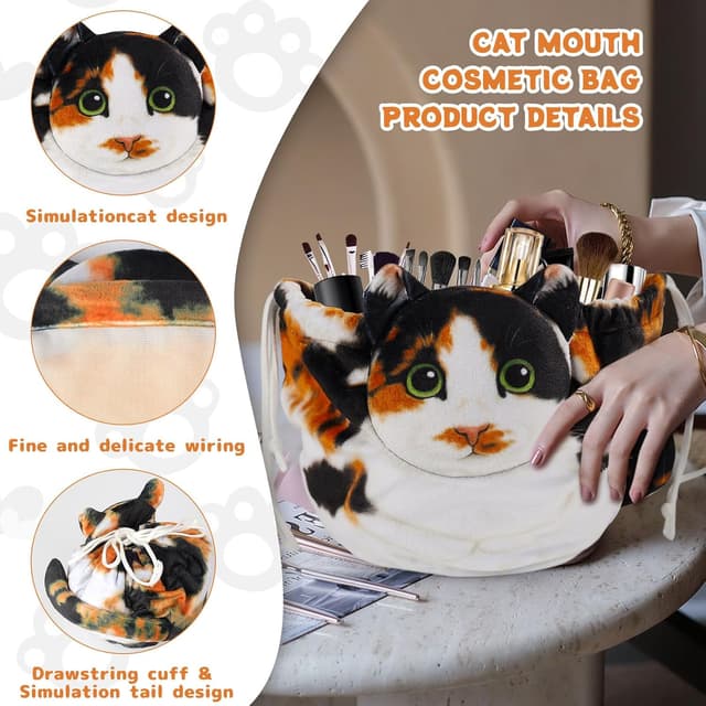 Detalle de Openhahaha Trousse Trucchi da Viaggio con coulisse a forma di gatto