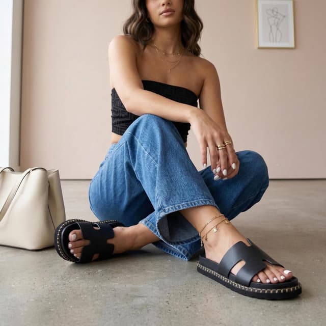 Detalle de CUSHIONAIRE Crisp Women’s Slide Sandal with Faux Leather Cutout Upper and Memory Foam