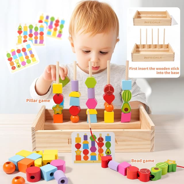 Detalle 2 de INIFEIDALA Toddler Montessori Learning Toy: Rainbow Stacking & Lacing Beads Wooden Peg Board Set