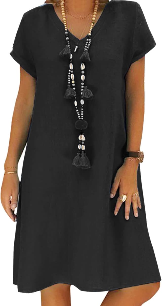 Thumbnail 6 de Tincini Sommerkleid Damen aus Baumwolle und Leinen – V-Ausschnitt Midikleid, Kurzarm, A-Linie