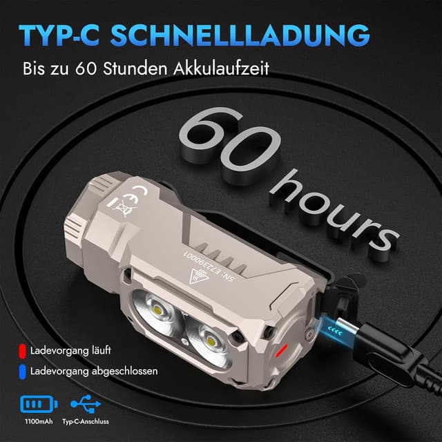 Detalle 2 de WUBEN Mini lampe de poche E7 1800 lumens Kaki rechargeable avec aimant (6 modes, LED) – torche EDC