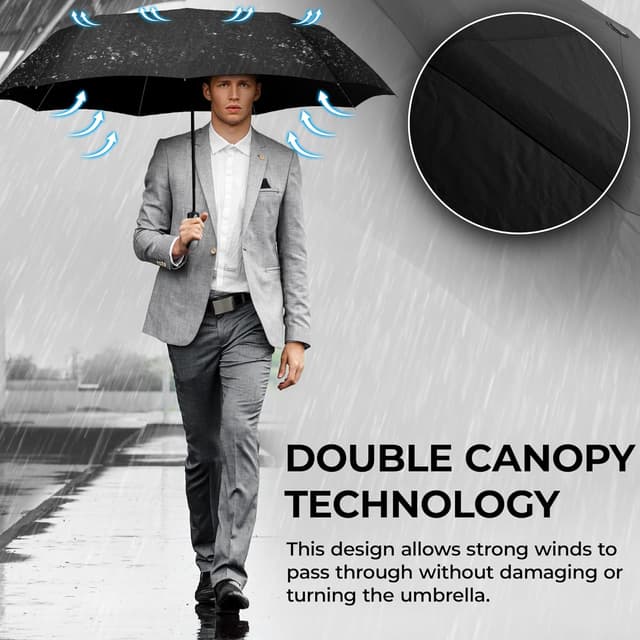 Detalle de Umbrella Windproof Compact – Strong Storm Proof Frame, Auto Open/Close Double Canopy, Teflon Water-Resistant (Black)