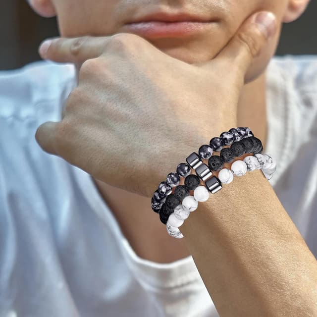 Detalle 2 de MOROTOLE Herren-Armband-Set mit 8 mm Tigerauge & Lavastein (Stretch, Naturstein)