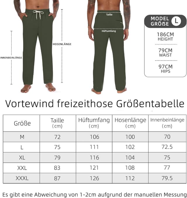 Detalle de Vortewind Jogginghose Herren aus Baumwoll-Jersey mit 3 Taschen und elastischem Bund