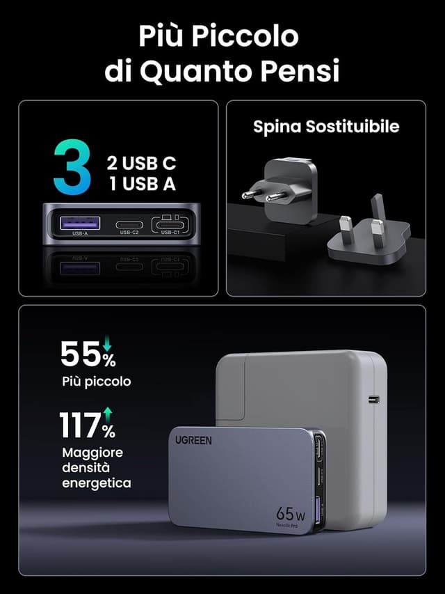 Detalle 2 de UGREEN Nexode Air caricatore ultra sottile 65W con USB-C e USB-A, compatibile (Galaxy S e MacBook, iPad, iPhone, Steam Deck)