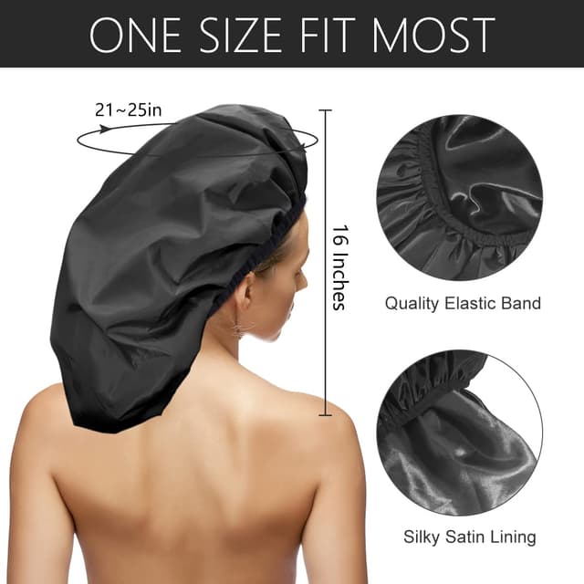 Detalle 2 de Auban Extra Large Shower Cap (XL) — Double-Layer Waterproof Reusable Bonnet for Long Hair, Braids & Locs (Black)