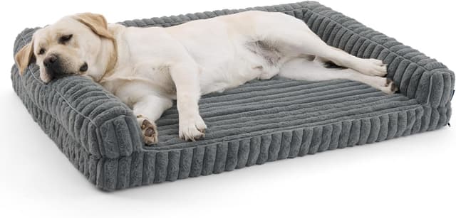 Detalle de Bedsure Orthopedic Dog Bed Large (114x81x17.5cm) – Waterproof memory foam sofa with sides, non-slip base & removable corduroy cover, grey