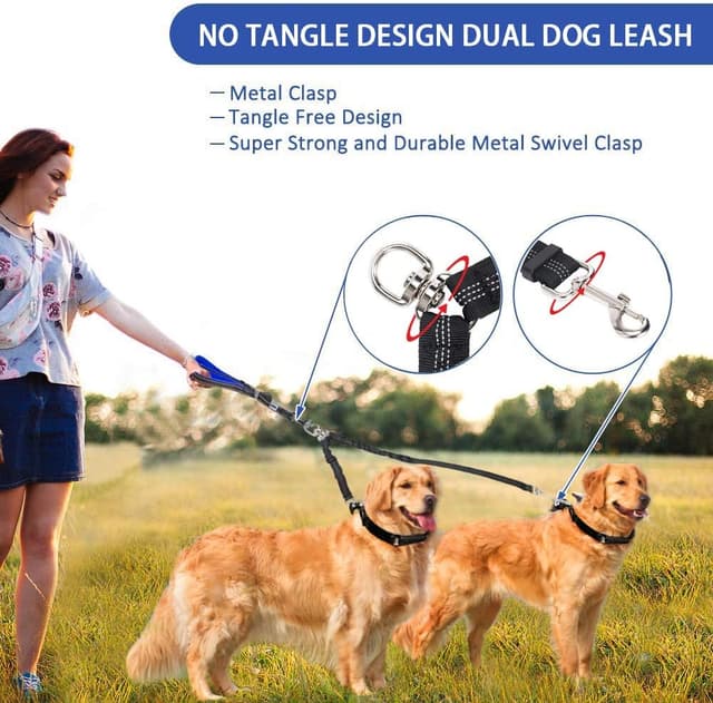 Detalle de Kelivi Double Dog Lead Coupler (No Tangle 360° swivel) – heavy-duty adjustable bungee double leash for two dogs