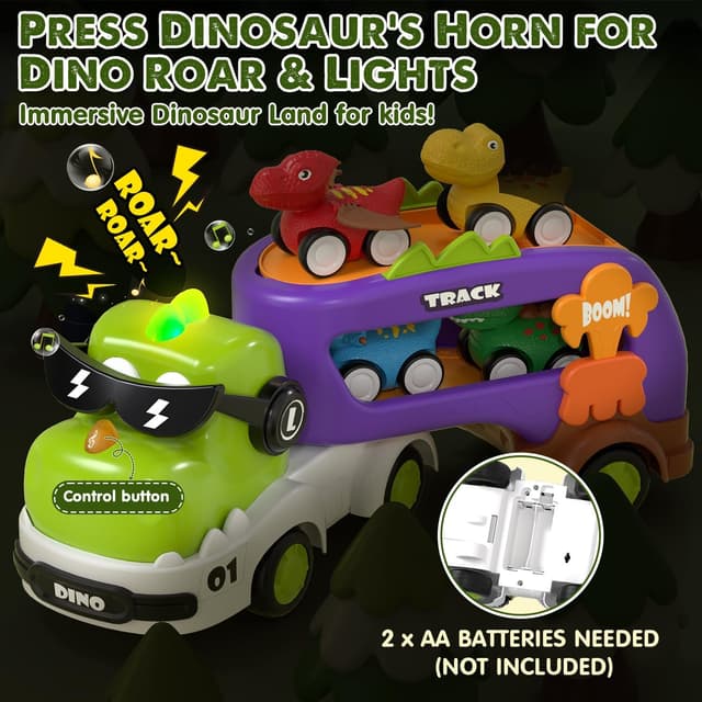 Detalle de Lehoo Castle 5-in-1 Dinosaur Truck Toddler Toy (LED, Pull Back, Slide Park) for 2 Year Olds
