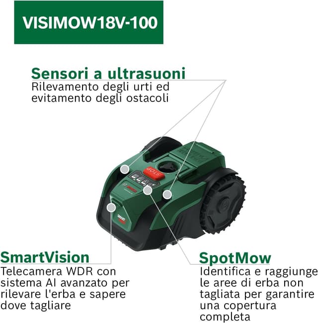 Detalle de Bosch VISIMOW 18V-100 robot rasaerba a batteria per prati fino a 100 m² (taglio 16 cm, 20–60 mm)