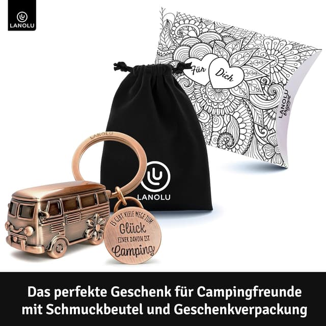 Detalle de LANOLU Schlüsselanhänger Camping Glück – 3D-Wohnwagen-Bus aus Metall mit Anhänger-Spruch