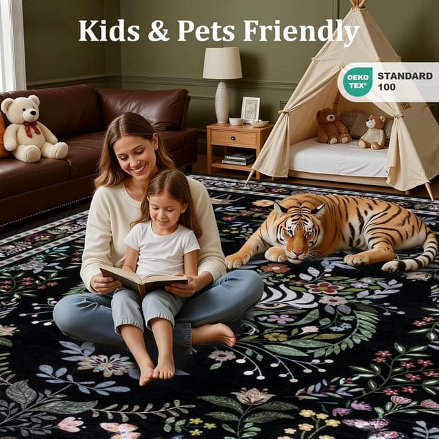 Thumbnail 6 de 9x12 Area Rugs Living Room Rug (Vintage Washable, Floral Animal Print) Non-Slip, Low Pile, Stain Resistant