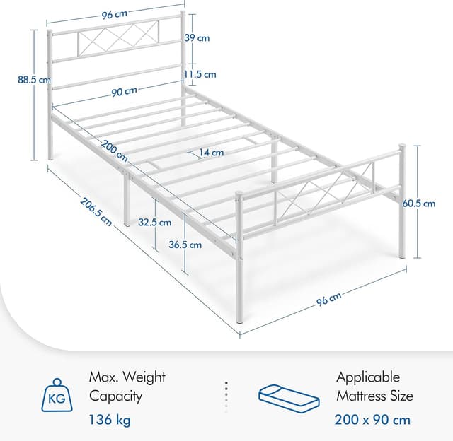 Detalle 2 de Yaheetech Struttura letto singolo in metallo con testiera a X e rete a doghe 90x200 cm (bianco)