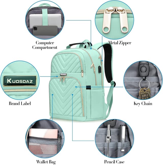 Detalle 2 de Travel Laptop Backpack for Teens (15.6 inch) with Charging Port, 25L Quilted Work Bag – Teal