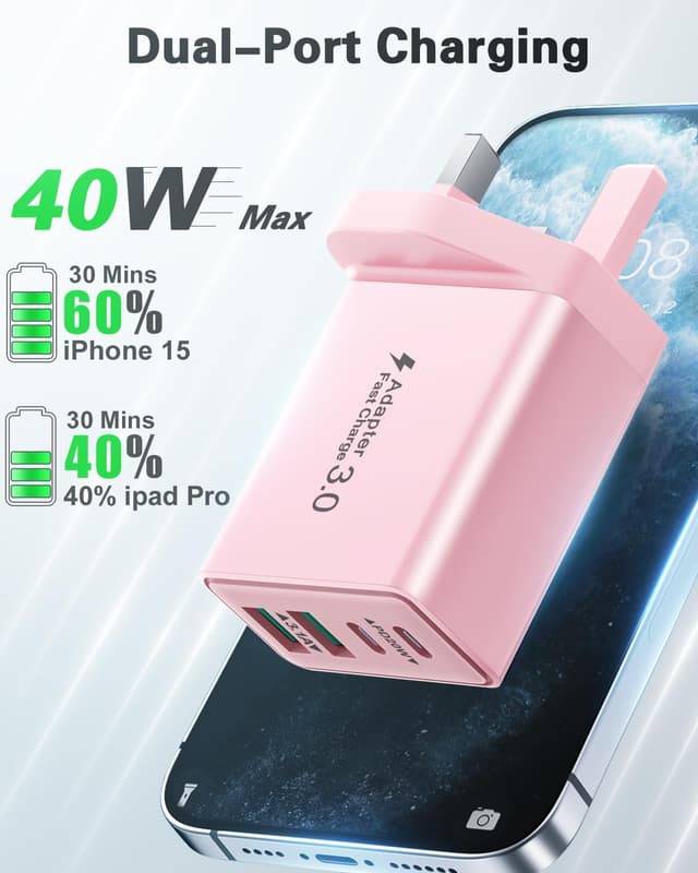 Detalle 2 de USB C Plug 40W USB-C & USB-A Dual-Port Fast Charger (4 ports) for iPhone, iPad and Samsung