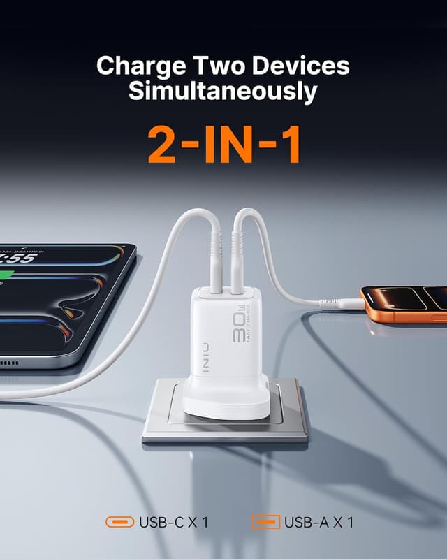 Detalle de INIU USB-C Charger 30W PD Fast Charging (GaN) with Dual Port USB-C + USB-A