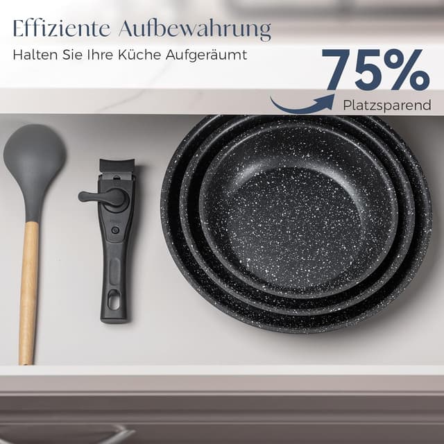 Detalle de Alajivo Pfannenset mit abnehmbaren Griffen, 7-teilig (20/24/28 cm) – für Induktion, antihaft, ofenfest