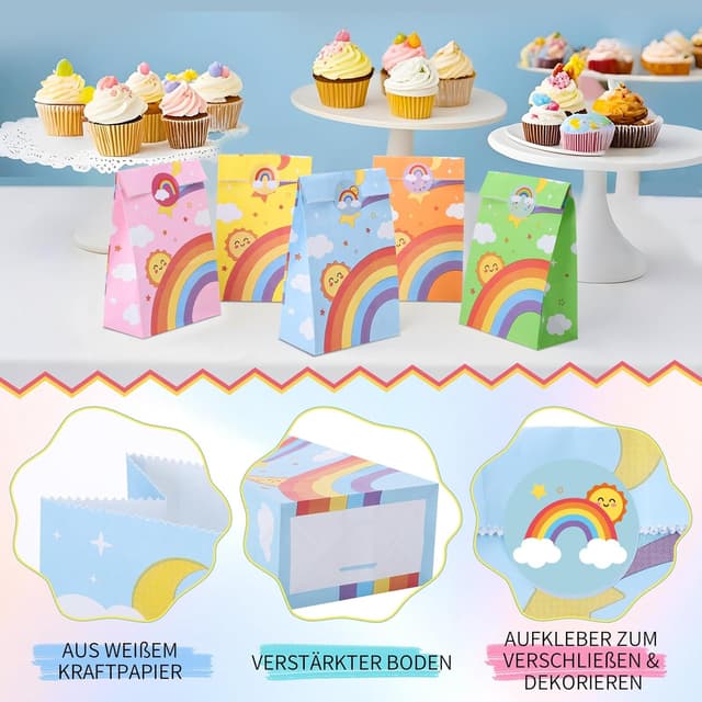 Detalle de woric 50 Geschenktüten Kindergeburtstag (Regenbogen) 22×12×7 cm mit 60 Aufklebern