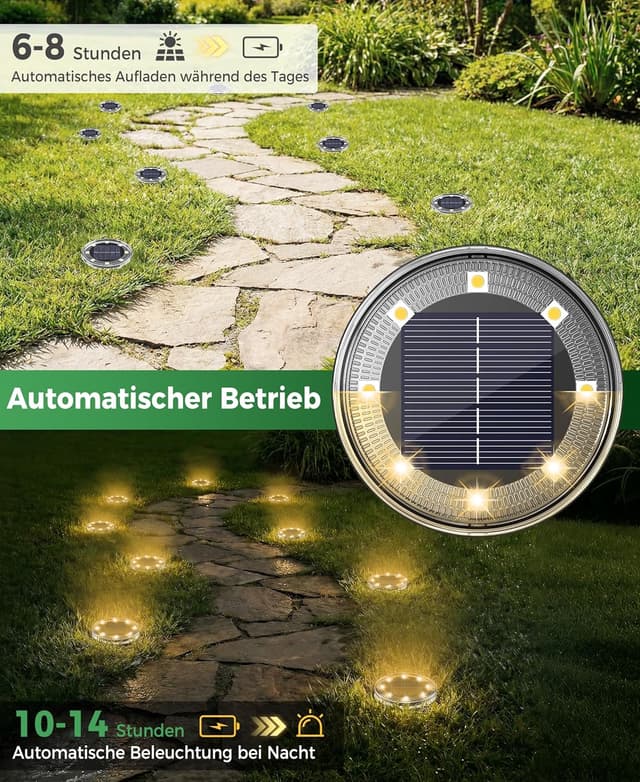 Detalle de LOTMOS 6er-Set Solar-Bodenleuchten für außen mit 8 LEDs, IP68, warmweiß