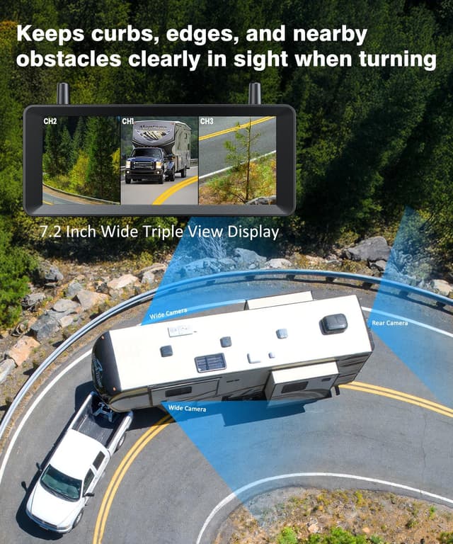 Detalle de AUTO-VOX Wireless RV Backup Camera System with 7.2" HD Monitor, Triple Split View and DVR Recording